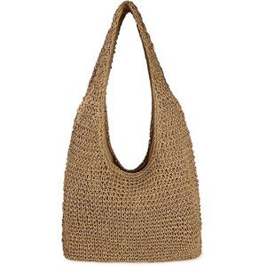 Women's Khaki Large Straw Beach Bag Handmade Woven Shoulder Hobo Tote Handbag